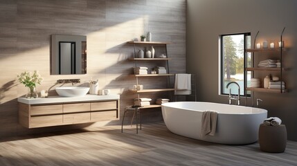 Bathroom interior with natural light and wood elements