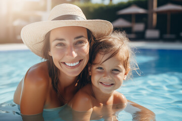 Fototapeta na wymiar Portrait of smiling mother and her daughter in swimming pool in sunny day, happy family summer vacation joyful and optimistic atmosphere. Generative AI