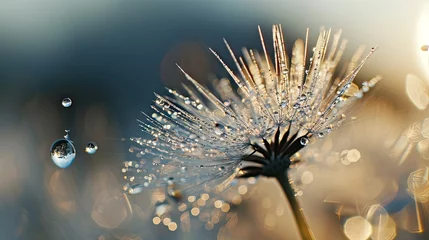 Fotobehang Beautiful shiny dew drops on a dandelion seed. Close-up macro. Sparkling bokeh. Water drops on a parachutes dandelion on a beautiful blue background © petrrgoskov
