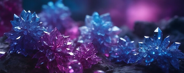 Crystal-inspired clusters in shades of blue, violet, and magenta, creating a mystical and otherworldly background with a touch of fantasy