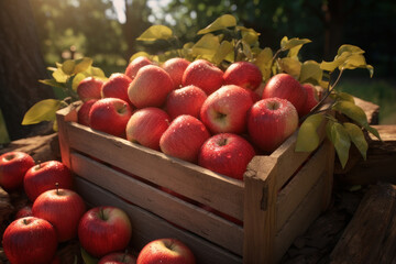 Wooden box with apples in the garden, autumn harvest. AI generative.