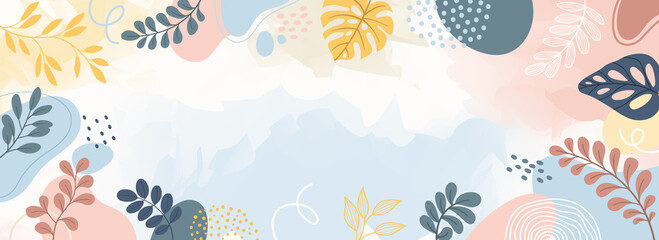 Fototapeta premium Design banner frame background .Colorful poster background vector illustration.Exotic plants, branches,art print for beauty, fashion and natural products,wellness, wedding and event.