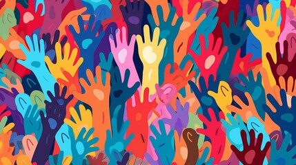 Diverse Hands Together: A Colorful Seamless Pattern of Global Unity and Inclusion - obrazy, fototapety, plakaty