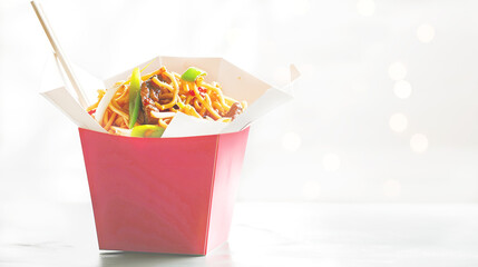 Classic Chinese takeout beef Lo Mein Noodles in red boxes