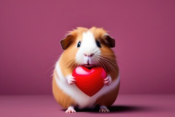 Funny animal Valentines Day, love, wedding celebration concept greeting card - Cute guinea pig holding a red heart, isolated on red background - obrazy, fototapety, plakaty