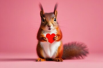 Funny animal Valentines Day, love, wedding celebration concept greeting card - Cute red squirrel holding a red heart, isolated on pink background