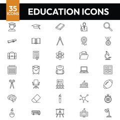 EDUCATION icons - thin line vector icon set. Pixel perfect. Editable stroke. The set contains icons: E-Learning, Education, Home Schooling, Classroom, Diploma, Social Distancing, and Web Conference.