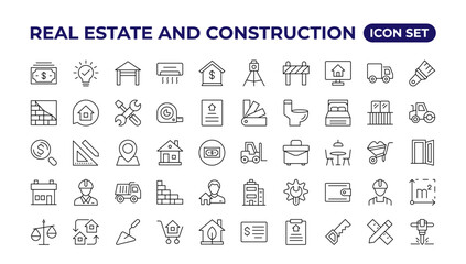 Real Estate and construction icon set. Included the icons as realty, property,  home loan and more. Outline icons collection.