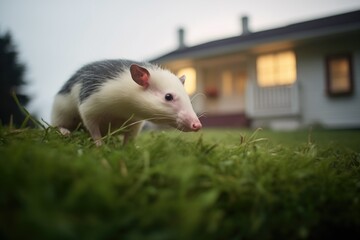 opossum on a suburban lawn, moonlit