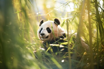 sunlit panda amidst bamboo thicket