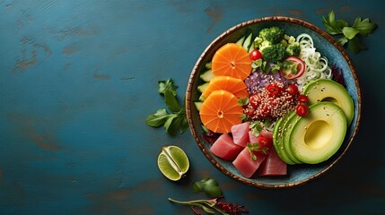 Hawaiian tuna poke bowl with orange slices, avocado, sesame seeds and cabbage isolated on dark blue wooden background, top view - obrazy, fototapety, plakaty