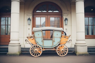 empty carriage parked outside an old manor