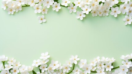 Obraz na płótnie Canvas Spring border background with white flowers, flat lay , copy space - generative ai