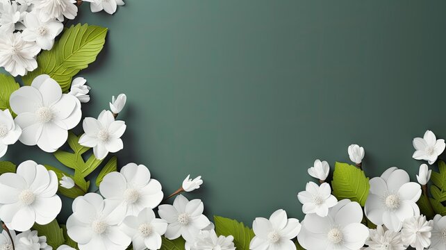 Fototapeta Spring border background with white flowers, flat lay , copy space - generative ai