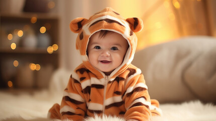 A darling infant wearing a tiny tiger onesie,  showing off their stripes