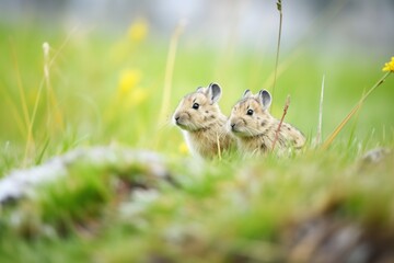 Naklejka na ściany i meble pair of pikas in grass, one calling