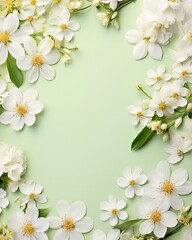 Spring border background with white flowers, flat lay , copy space - generative ai