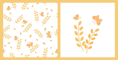 Seamless pattern with rice plant, seed, and butterfly cartoons on yellow background vector.