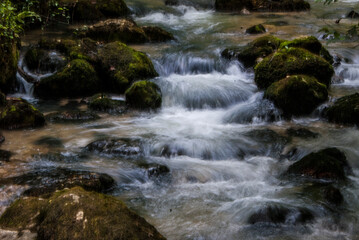 Landscape view of a waterfall stream in New Athos park.