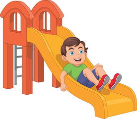 Cheerful boy playing slide cartoon
