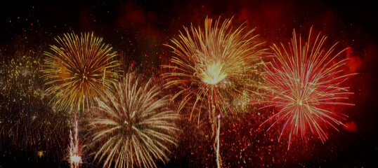 Obraz premium holiday background panorama greeting card - Golden firework fireworks, generative ai