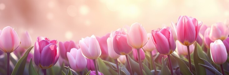 Fototapeta premium Dawn's Gentle Kiss on Blushing Pink Tulips by the Lake. Generative AI