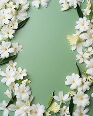 Naklejka na ściany i meble Spring border background with white flowers, flat lay , copy space - generative ai