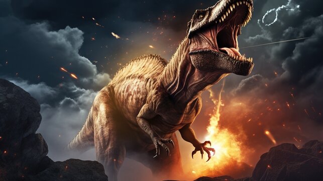 Prehistoric Dinosaur Tyrex In Volcanic Eruption