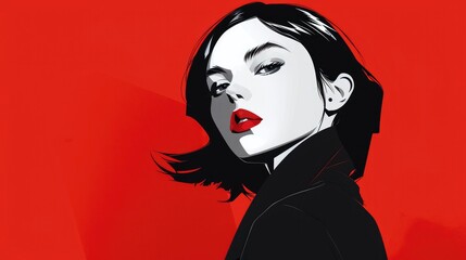Cool Girl in Line Art Against a Striking Black, White, and Red Background. Graphic Flat Illustration for a Minimalist Fashion Statement.