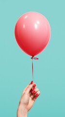 Graceful Hand Clasping a Pink Balloon Against a Tranquil Blue Sky. Generative AI