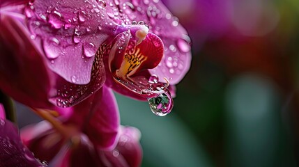 Exotic violet orchid flower wet with dew droplets on isolated red background. Camera zoom...