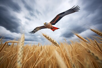 red kite against stormy sky over a barley field - obrazy, fototapety, plakaty