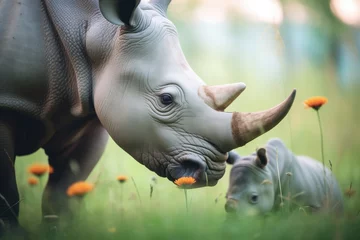 Deurstickers rhino nuzzling its young amidst wildflowers © primopiano