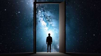 Human silhouette standing in front of open door and looking into space galaxy background. Magic portal to another world. Concept of dreams and freedom. - obrazy, fototapety, plakaty