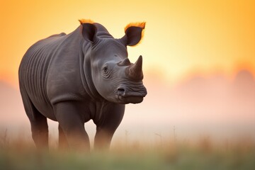 african rhino silhouetted by sunrise in savanna