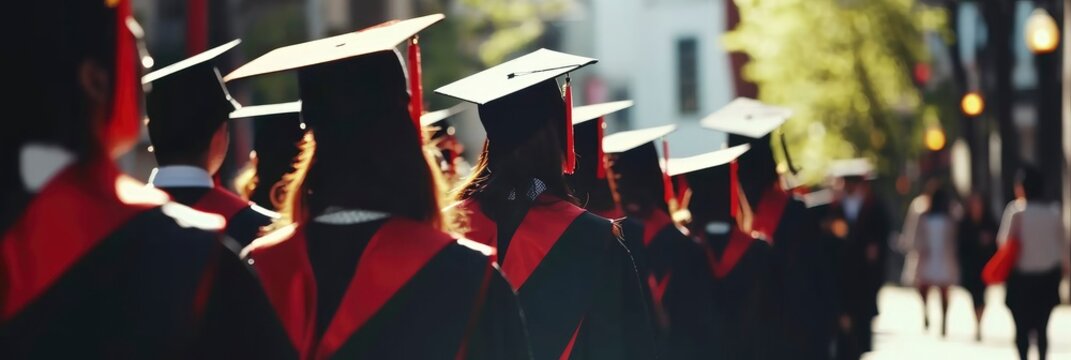 graduation caps wearers in a line with red caps