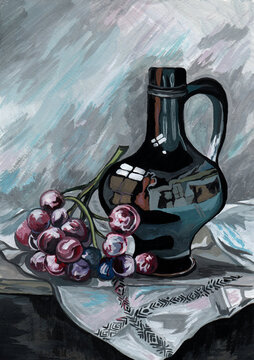 Still life of a jug and grapes. Drawn with paints