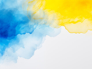 Blue and yellow watercolor stains on white paper background
