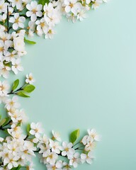 Fototapeta na wymiar Spring border background with white flowers, flat lay , copy space - generative ai