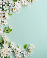 Tuinposter Spring border background with white flowers, flat lay , copy space - generative ai © Nia™