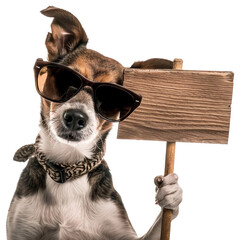A cool brown dog wearing black sunglasses holds a blank wooden sign, space for text, transparent or isolated on white background