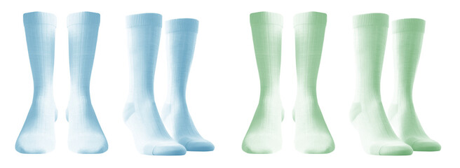 2 Set of pastel green turquoise blue, front side view blank plain socks on transparent background, PNG file. Mockup template for artwork design

