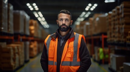 
A man wearing an orange vest stands confidently in a warehouse, suggesting an organized and industrious work environment.