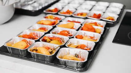 Healthy Office Food: Bell Peppers in Portioned Trays. Organized bell pepper servings in individual trays, a healthy and colorful office food option for team lunches or breaks.