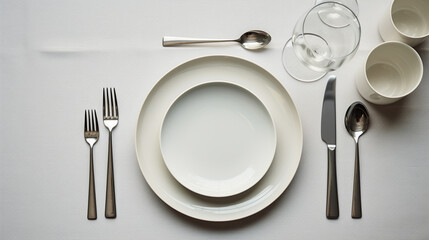 Culinary white Table Set and Shiny Silverware