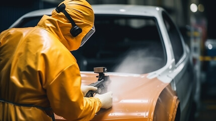 A car service worker coats a car with varnish using compressor. Automotive paint services.