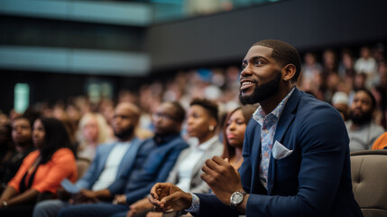 Confident black businessman. Black business man as a seminar attendee asking question while sitting in audience. - obrazy, fototapety, plakaty