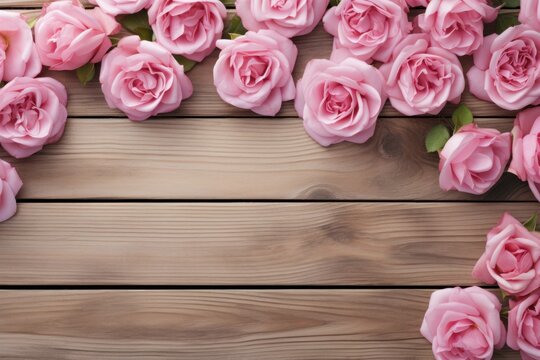 Pink roses on a white wooden background, copy space, greeting card