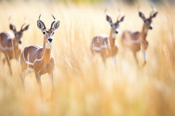 antelope herd running through tall grass - obrazy, fototapety, plakaty