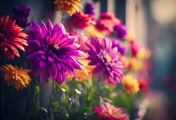 Obraz premium Vibrant flowers blooming along a garden path, with a shallow depth of field and a vintage tone.